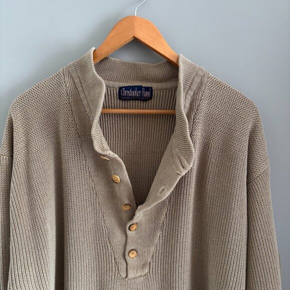Vintage 90s Khaki Taupe Henley Sweater - Picture 8 of 8